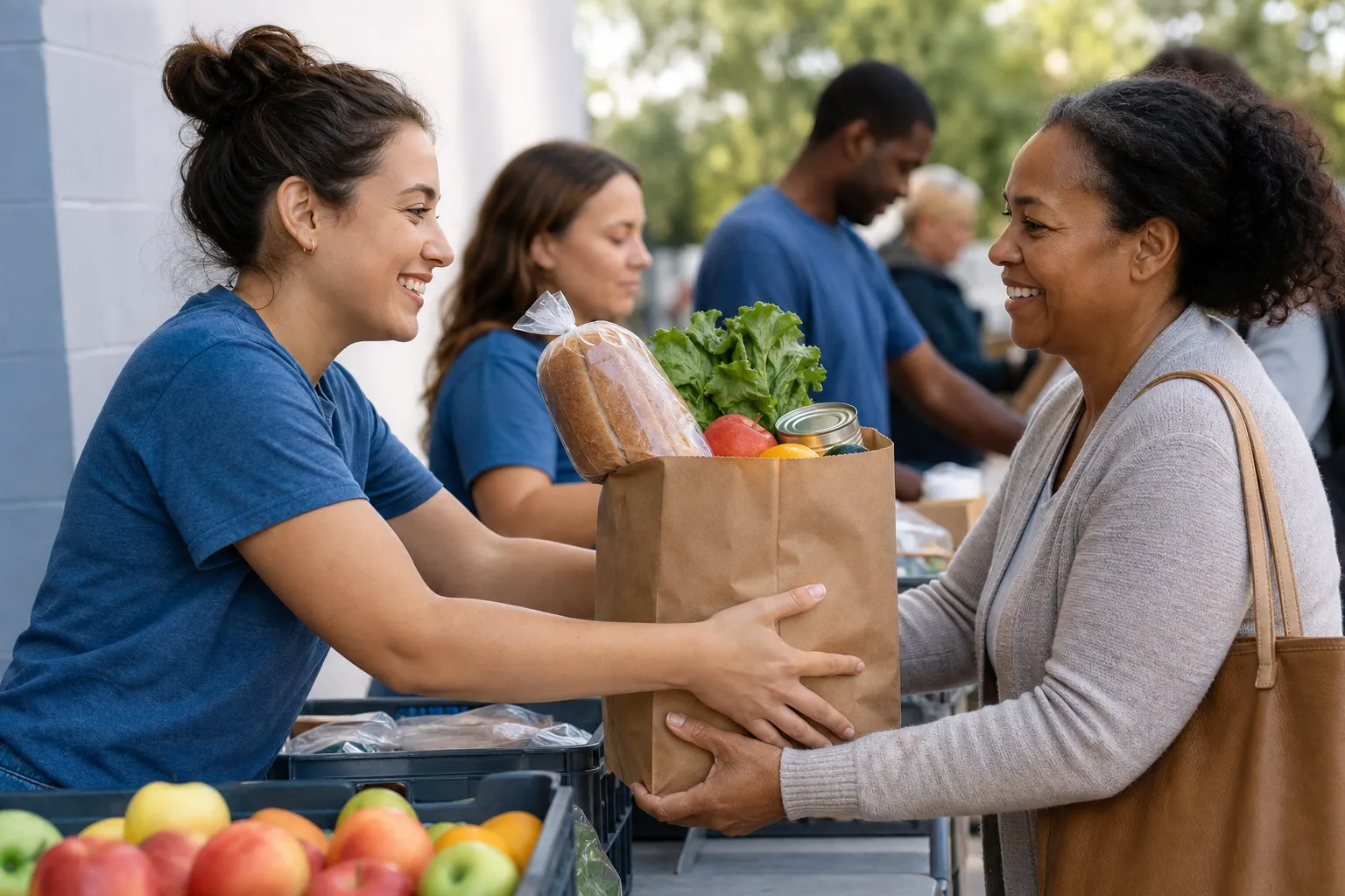 Volunteer handing a bag of groceries to a woman at a community food pantry